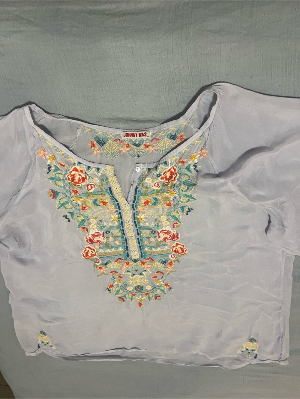 Johnny Was Lavender Embroidered silk Peasant Top XL